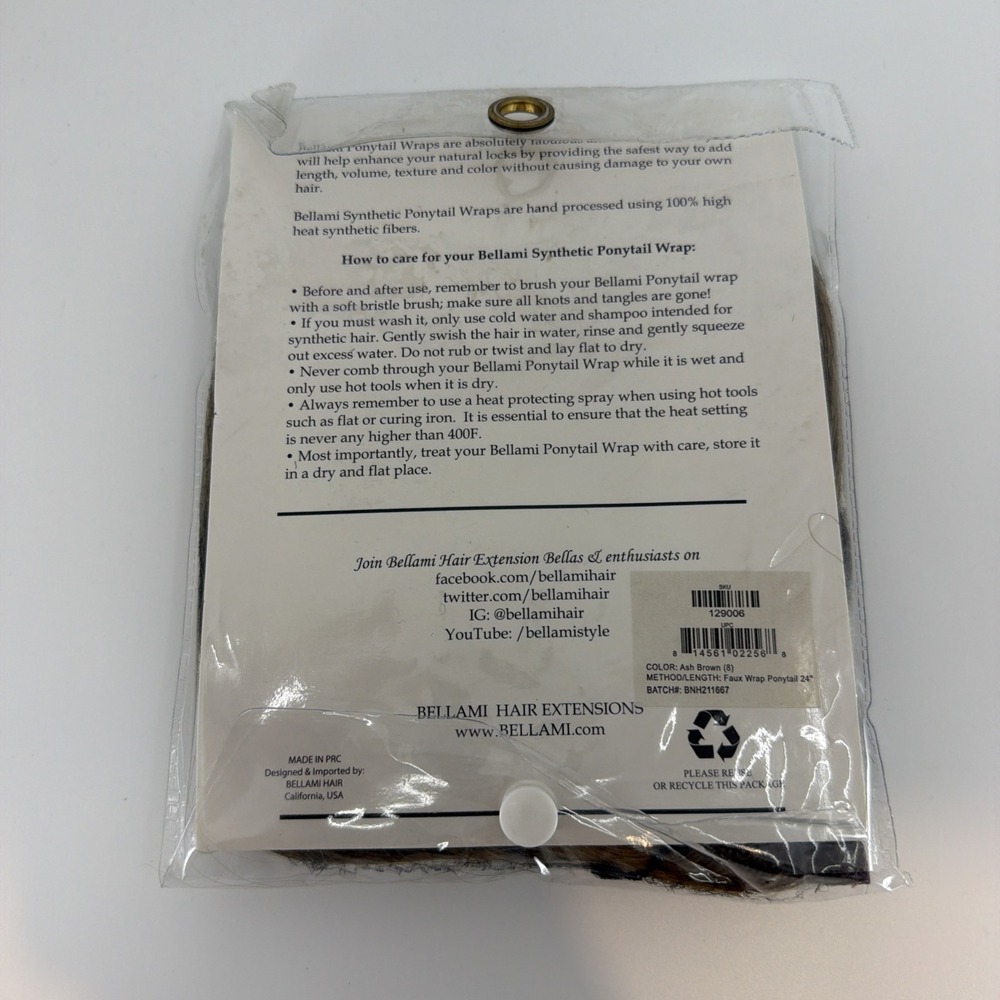 BELLAMI Faux Wrap Ponytail Ash Brown 24" #8 New Sealed Bag 180 Grams Faux Hair - Picture 4 of 5